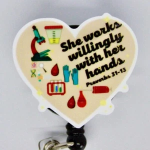 Proverbs 31 Badge Reel ID Holder She Works Willingly w/ her Hands Medical Heart - Picture 1 of 2
