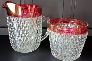 Indiana Glass Diamond Point Ruby Flash Pitcher & Ice Bucket. No Chips Or Cracks - Picture 1 of 8