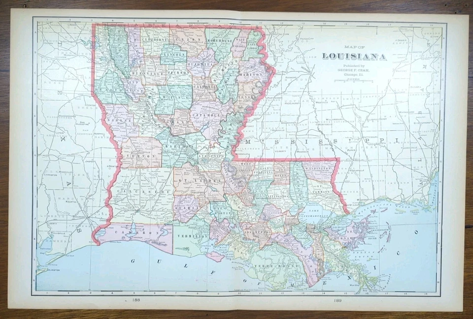 Vintage 1902 LOUISIANA Mapa 22"x14" Antigo Original NOVO ORLEANS METAIRIE LA - Imagem 1 de 4