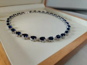 Or Blanc Finition Bleu Saphir Poire Coupe Synthétique Diamants Collier - Picture 1 of 6