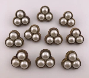 10 X Vintage Triple Pearl Gold Brass Tone Shank Buttons Elegant Bridal Wedding - Picture 1 of 6