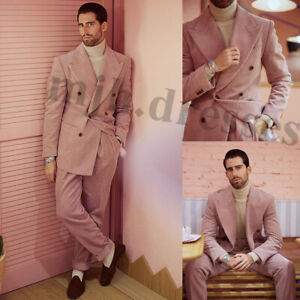 Pink Corduroy Men's Suit Peak Lapel Double Breasted Leisure Slim Fit Party Wear