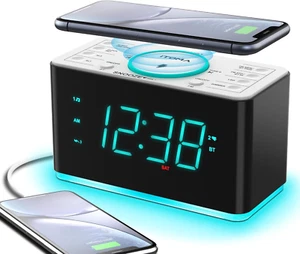 Alarm Clock Radio, 15W Ultra Fast Wireless Phone Charger with Bluetooth, Two Cha - Picture 1 of 7