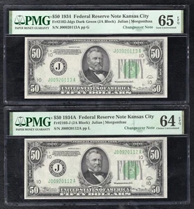 FR. 2102/2103-J 1934/1934-A $50 FRN’S “CHANGEOVER PAIR” PMG UNC-64EPQ/65EPQ - Picture 1 of 2
