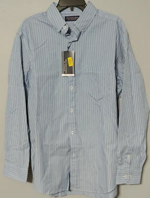 Camisa masculina Roundtree & Yorke botão L/S Pkt luxo algodão listras verdes azuis - Imagem 1 de 4