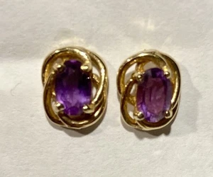 Orecchini vintage in oro giallo 14 kt con ametista a torsione ovale - Foto 1 di 8