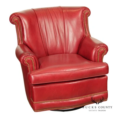 Hancock & Moore Red Leather Swivel Club Chair With Nailhead Trim - Image 1 of 4