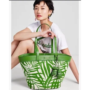 Kate Spade The Pier Palm Fronds Canvas Green Tropical Boho large Tote purse - Picture 1 of 9