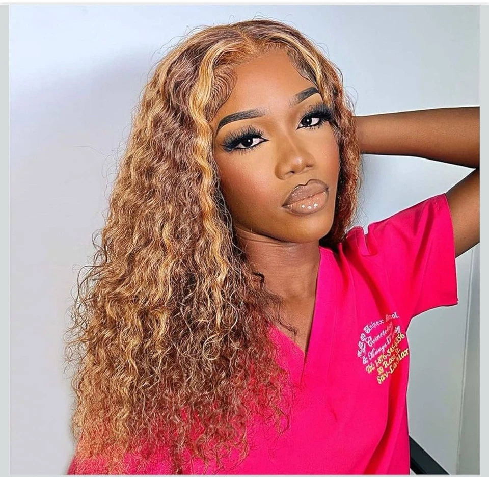 Ombre Honey Blonde Highlight 13x4 HD Lace Front Wigs Human Hair Water Wave 16” - Image 1 of 4