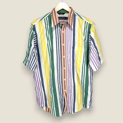 Camisa De Colección Nautica Manga Corta Botón Hombres Mediana Amarillo Verde Púrpura Rayas Foto 1 de 4