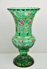 ANTIQUE BOHEMIAN MOSER GREEN CRYSTAL VASE CUT CO CLEAR HAND PAINTED