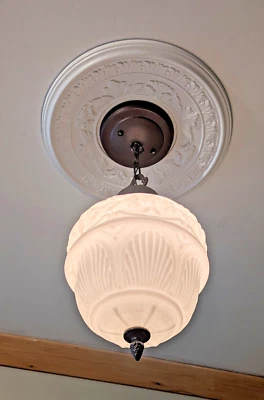 295 Antique 1910's - 30's Ceiling Light glass shade lamp fixture vintage pendant - Image 1 of 4