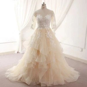 Champagne Wedding Dresses Ruffles V Neck Lace Half Sleeves Tulle Bridal Gowns - Picture 1 of 8