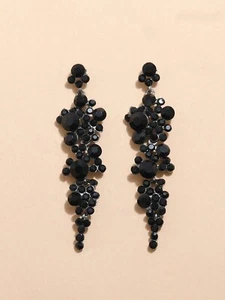 Womens Beautiful Long Black Rhinestone Silver Dangle Drop Decor Earrings Party - Picture 1 of 4