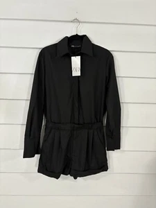 NEW ZARA WOMAN BLACK SHIRT STYLE PLAYSUIT ROMPER LONG SLEEVE SIZE S  Y1024 - Picture 1 of 10
