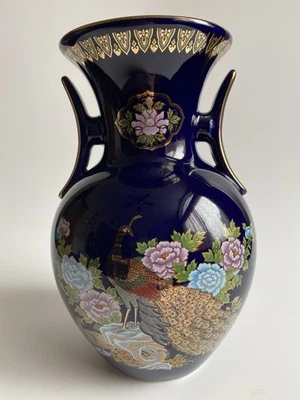 Antique Japanese Cobalt Porcelain Vase Floral Peacock Bird Heavy Gold 10 1/4”H - Image 1 of 4