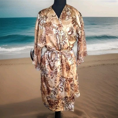 Dorado Marrón Estampado Animal Paisley Kimono Satinado Bata Vestido Malla Mob Esposa Foto 1 de 4