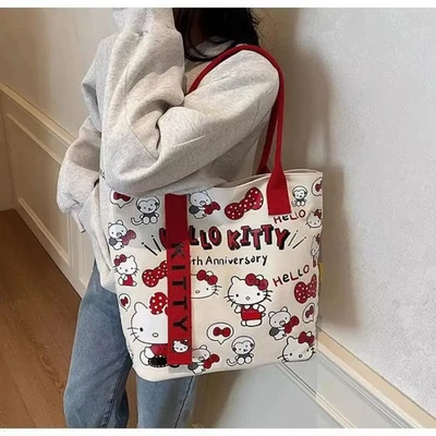 SANRIO Hello Kitty Canvas Tasche Niedlich Groß Schultertasche Pendler Einkauf Aufbewahr