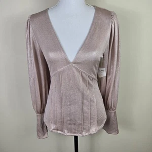 Free People Top Womens M Pink Metallic Long Sleeve Deep V Neck Blouse NWT - Picture 1 of 16