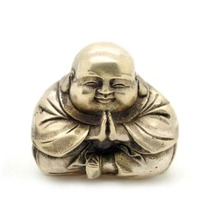 Weiße Bronze betende Buddha Statue 2" Glücklicher Mönch Feng Shui Silberfarben Metall NEU - Bild 1 von 5