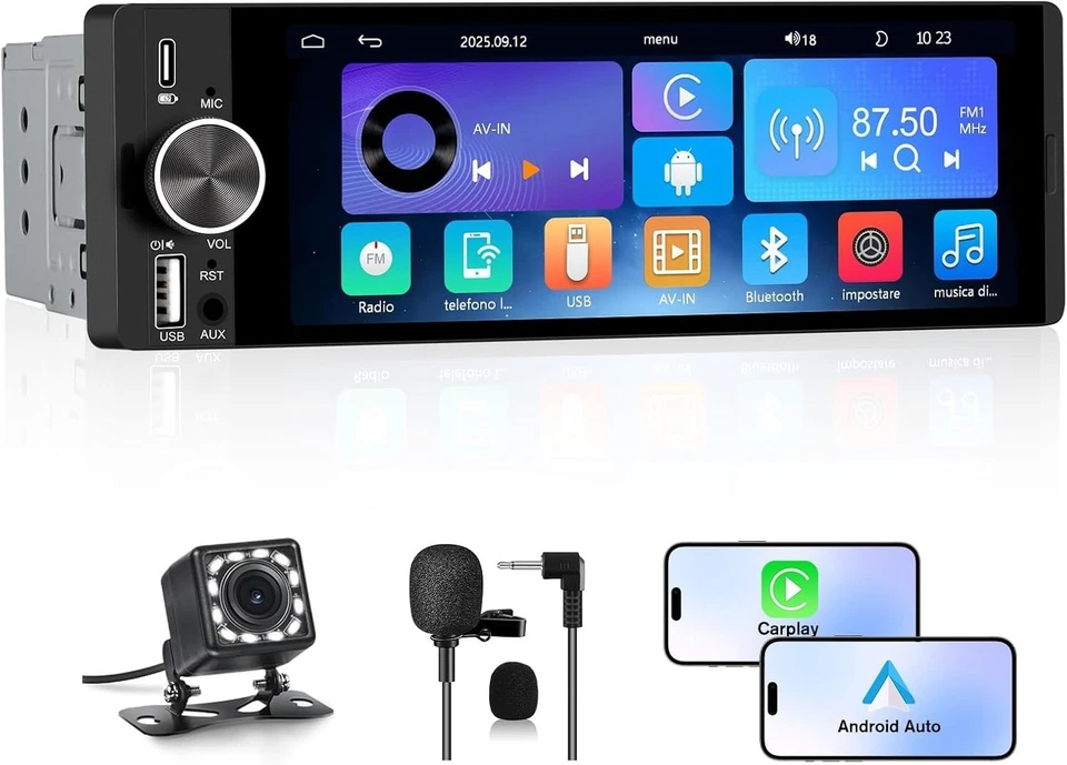 HEXINEX Autoradio 1 DIN con Schermo Wireless CarPlay & Android Auto Bluetooth FM AM RDS
