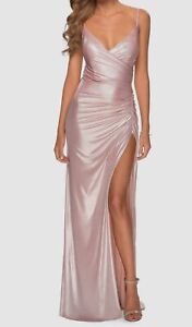 $318 La Femme Women's Pink Lace-Up Back Metallic Jersey Dress Gown Size 0