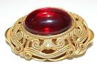 Miriam Haskell Gold Tone Red Gripoix Cabochon Stone Brooch / Pin 1.5"L Gorgeous