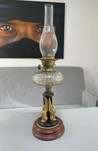 cast iron Egyptian Revival WINGED SPHINX OIL LAMP BACARRAT CUT GLASS FONT BURNER - Picture 1 of 14