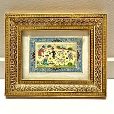 Antique Middle Eastern Islamic Painted Artwork In Hand Made Wood Mosaic Frame