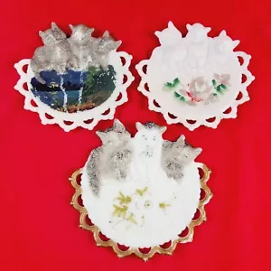 3 Vintage Milk Glass Plates Kitten Trio Painted Lace Border Floral - Picture 1 of 7