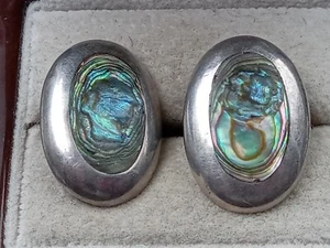 Estate Sterling Silver Cufflinks w. Hallmark - Oval Abalone Settings: 1" x 5/16" - Picture 1 of 6