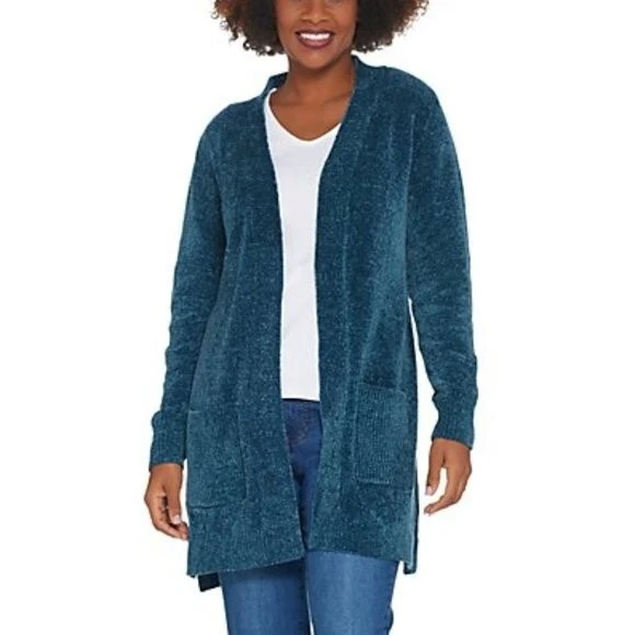 Denim & Co. Cárdigan regular de chenilla manga larga frente abierto azul mallardo XXS Foto 1 de 3