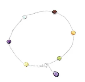 14K White Gold Gemstone Anklet With Amethyst Pear Shape Drop 9 Inches - Picture 1 of 2