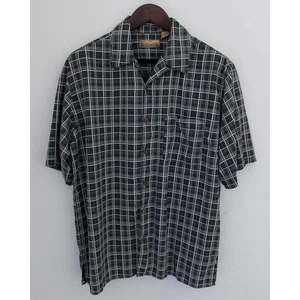 Bobby Chan camicia uomo grande nera a quadri seta con bottoni manica corta vintage - Foto 1 di 6