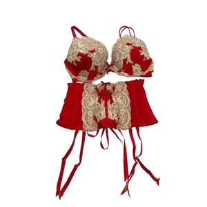 Victoria’s Secret Bombshell Bra Garter Set Red Gold Rhinestone Crystal 34C XS - Picture 1 of 20