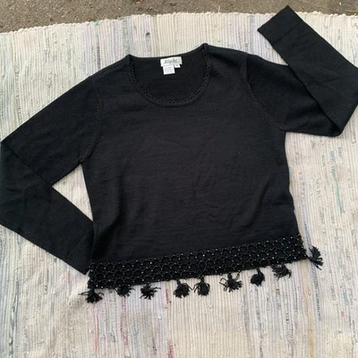 Suéter Spiegel Blushe Para Mujer Mediano Negro Lana Recortado Cuentas Flecos Borlas Foto 1 de 4