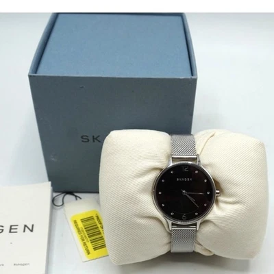 Reloj para mujer Skagen tono plata Anita Swarovski correa de cuero batería nueva Foto 1 de 4