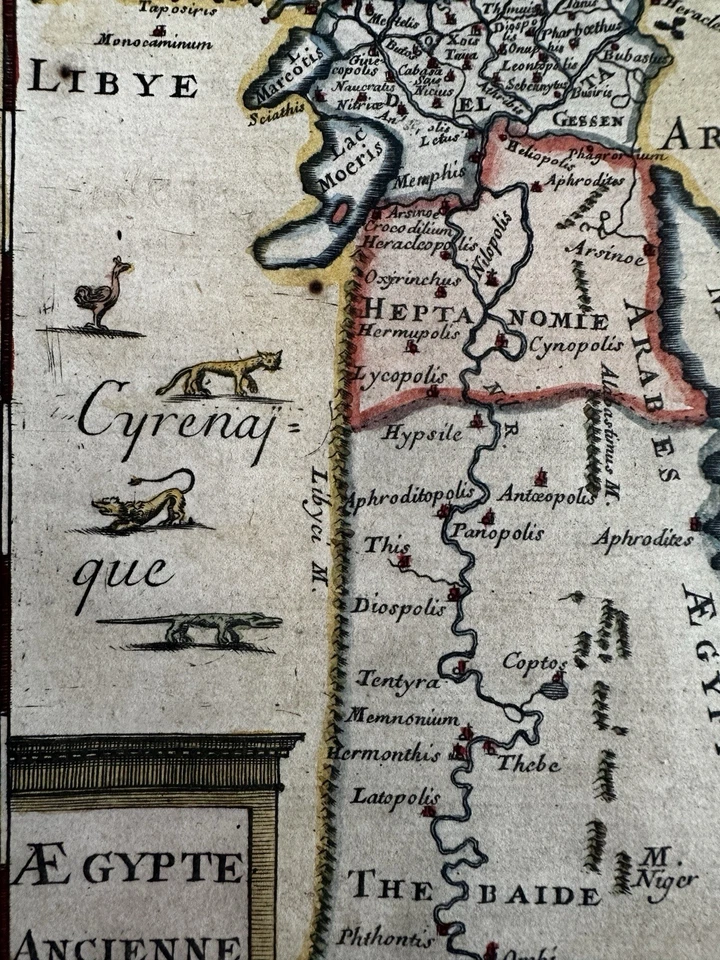 Древний Египет Африка мелкие животные 1683 молоток очаровательный гравированная вручную цветная карта - Изображение 1 из 4