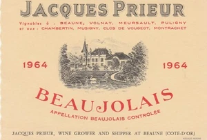 1964 Jacques Prieur Beau Jolais Estate Vintage Wine Bottle Label - Picture 1 of 2