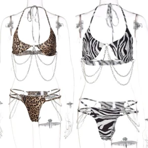 Leopard Print Pattern Bikini with Body Chain Fashion Sexy Lace-up Halter - Picture 1 of 13