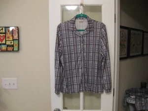 Vintage BLOUSE Caper-Mates Size 12, Long Sleeve, Blue/Black/Gold Plaid Polyester - Picture 1 of 3