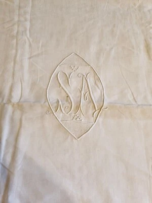 Ancien drap en fil monogramme SA jours  drap 08 ref 906 - Photo 1/4