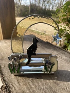 VTG Stain Glass Black Cat Sitting On Fence Under Yellow Moon Star Flowers 5 3/4” - Picture 1 of 10