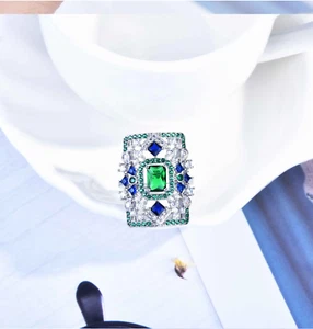 Vintage Style Gatsby Art Deco Silver Ring Rectangle green blue zirconia geometri - Imagen 1 de 6