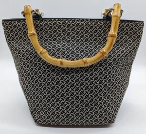 Talbots Summer Handbag Bamboo Handles Black & Tan Silver horseshoe Hardware - Picture 1 of 7
