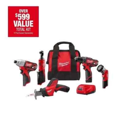 NEW Milwaukee M12 5-Tool Kit: Drill/Impact Driver/Saw/Ratchet/Light 2498-25 - Image 1 of 4