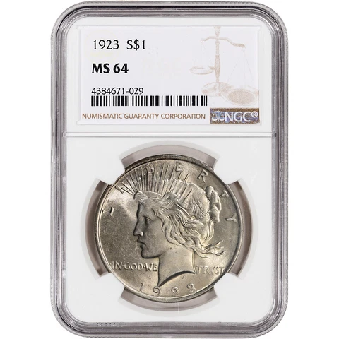 1923 US Peace Silver Dollar $1 - NGC MS64 Cover