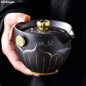 Grande dispenser da tè creativo in ceramica nera Lotus afferrare a mano Gaiwan - Foto 1 di 6