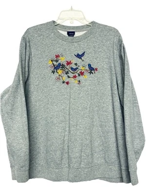 复古刺绣蓝色鸟和花朵运动衫女式 1X 基本版 — 第 1/4 张图片