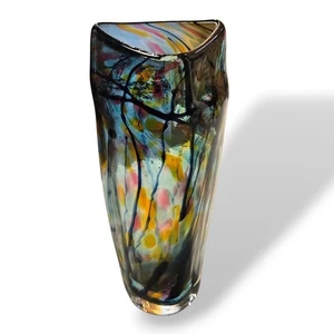 Fire Island Matthew LaBarbera signierte Kunstglasvase dreieckig 2003 6,5" Multi - Bild 1 von 14